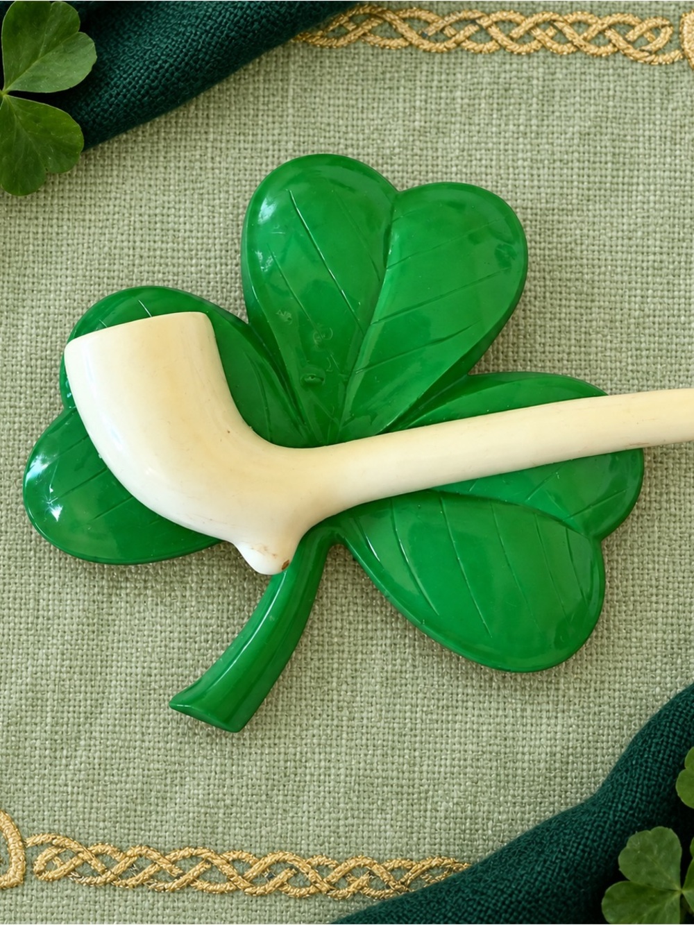 Vintage Ivory Pipe Brooch on Green Shamrock Pin